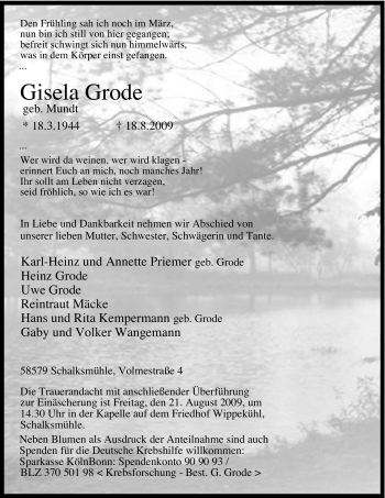 Traueranzeige von Gisela Grode von Tageszeitung