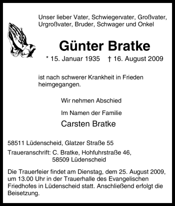 Traueranzeige von Günter Bratke von Tageszeitung