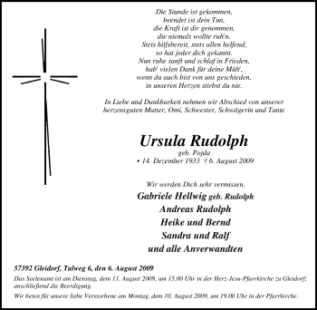 Traueranzeige von Ursula Rudolph von Tageszeitung