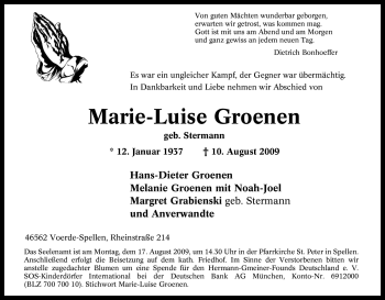 Traueranzeige von Marie-Luise Groenen von Tageszeitung