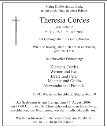Traueranzeige von Theresia Cordes von Tageszeitung