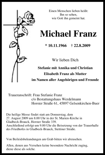 Traueranzeige von Michael Franz von Tageszeitung
