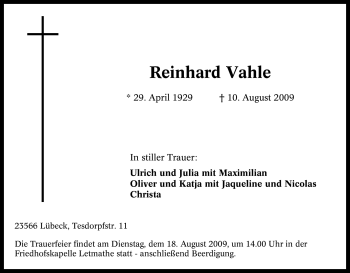 Traueranzeige von Reinhard Vahle von Tageszeitung