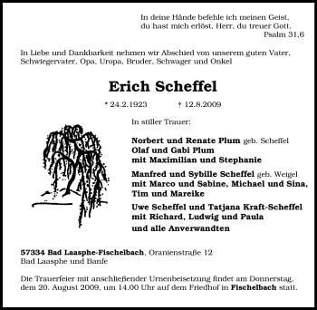 Traueranzeige von Erich Scheffel von Tageszeitung