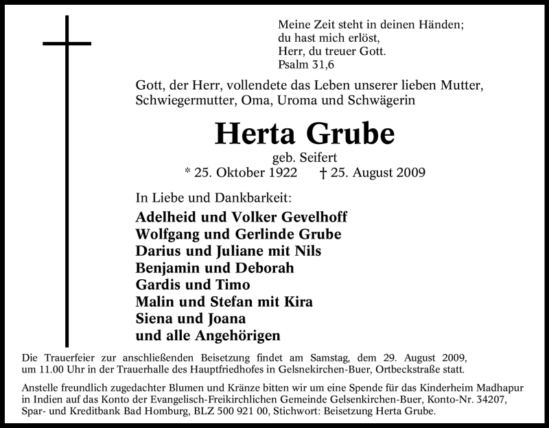  Traueranzeige für Herta Grube vom 27.08.2009 aus Tageszeitung
