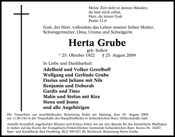 Traueranzeige von Herta Grube von Tageszeitung