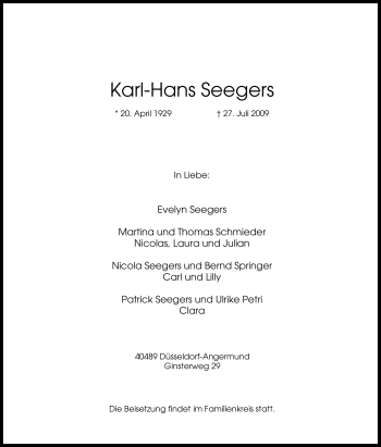 Traueranzeige von Karl-Hans Seegers von Tageszeitung