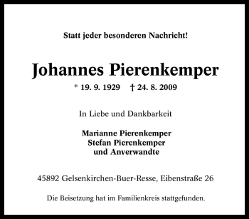 Traueranzeige von Johannes Pierenkemper von Tageszeitung