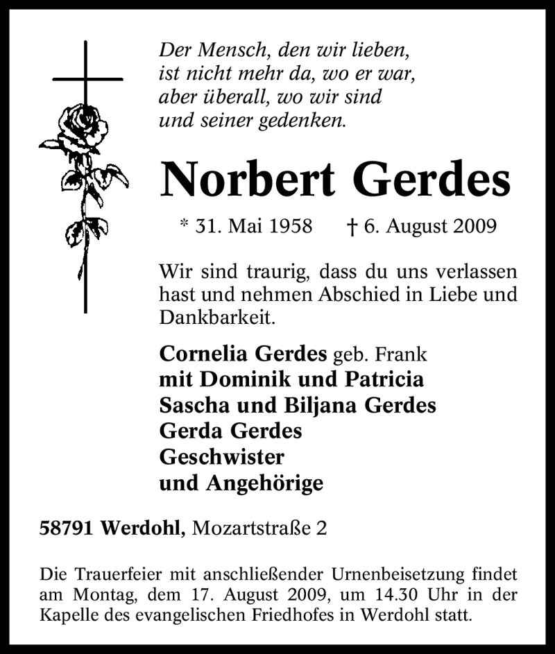  Traueranzeige für Norbert Gerdes vom 14.08.2009 aus Tageszeitung
