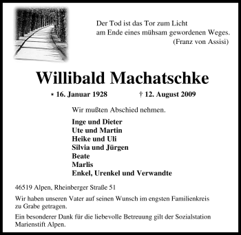 Traueranzeige von Willibald Machatschke von Tageszeitung