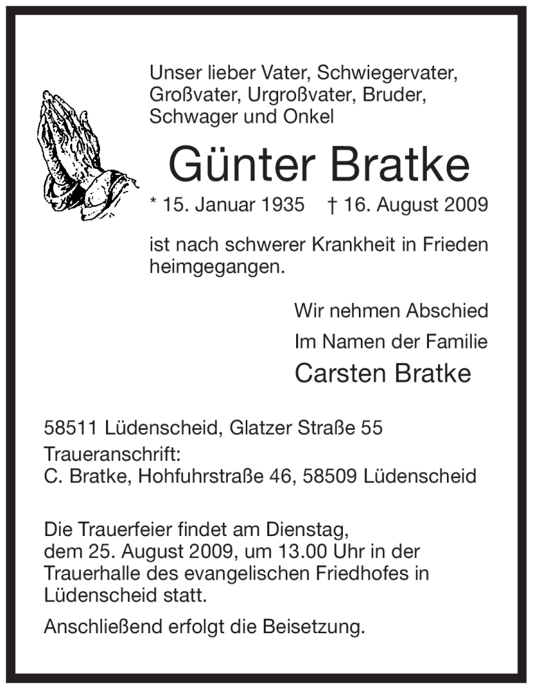  Traueranzeige für Günter Bratke vom 19.08.2009 aus Tageszeitung