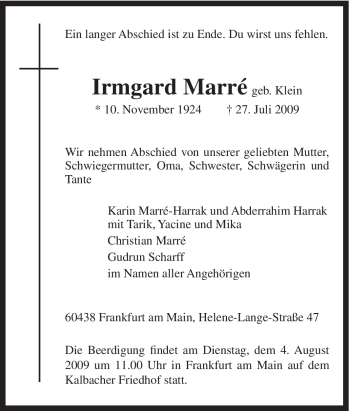 Traueranzeige von Irmgard Marré von Tageszeitung