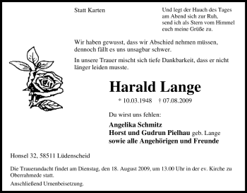 Traueranzeige von Harald Lange von Tageszeitung