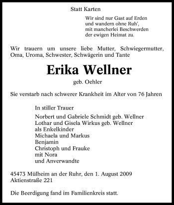Traueranzeige von Erika Wellner von Tageszeitung