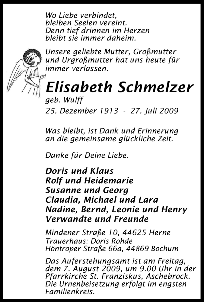  Traueranzeige für Elisabeth Schmelzer vom 01.08.2009 aus Tageszeitung