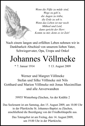 Traueranzeige von Johannes Völlmeke von Tageszeitung