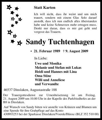 Traueranzeige von Sandy Tuchtenhagen von Tageszeitung