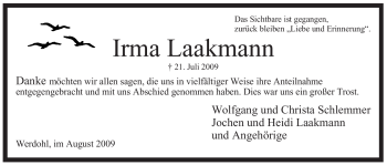 Traueranzeige von Irma Laakmann von Tageszeitung