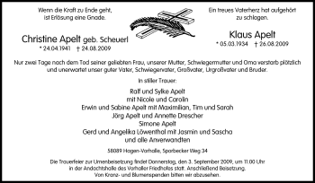 Traueranzeige von Christine Apelt von Tageszeitung