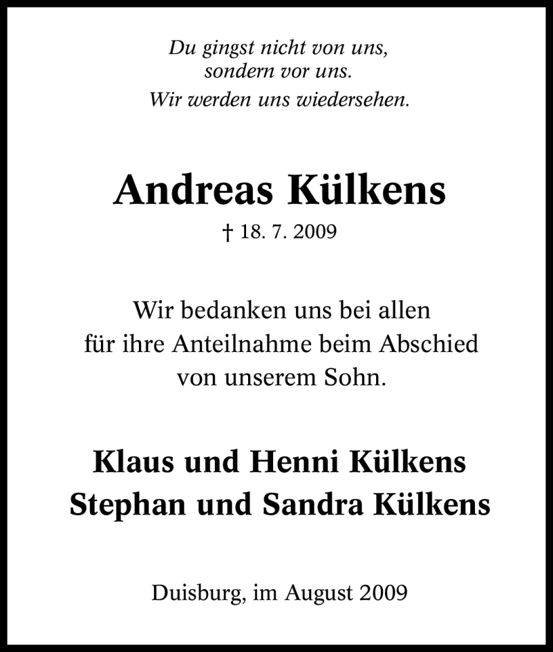  Traueranzeige für Andreas Külkens vom 14.08.2009 aus Tageszeitung