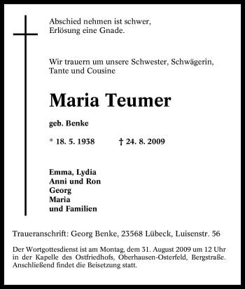 Traueranzeige von Maria Teumer von Tageszeitung