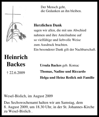 Traueranzeige von Heinrich Backes von Tageszeitung