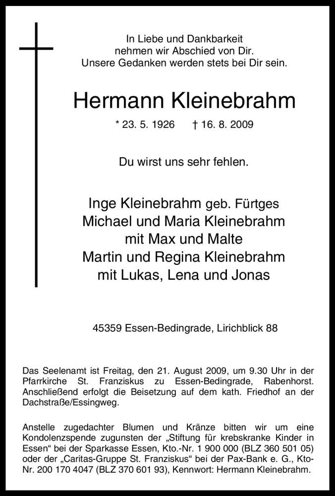  Traueranzeige für Hermann Kleinebrahm vom 19.08.2009 aus Tageszeitung