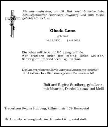 Traueranzeige von Gisela Lenz von Tageszeitung
