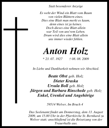 Traueranzeige von Anton Holz von Tageszeitung