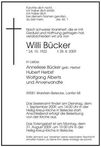 Traueranzeige von Willi Bücker von Tageszeitung