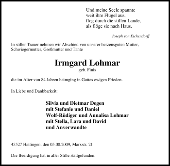 Traueranzeige von Irmgard Lohmar von Tageszeitung