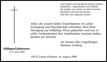 Traueranzeige von Hildegard Johannsen von Tageszeitung