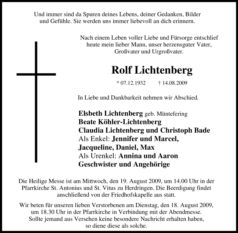  Traueranzeige für Rolf Lichtenberg vom 17.08.2009 aus Tageszeitung