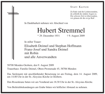 Traueranzeige von Hubert Stremmel von Tageszeitung