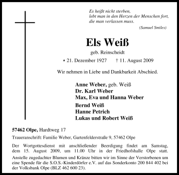 Traueranzeige von Els Weiß von Tageszeitung