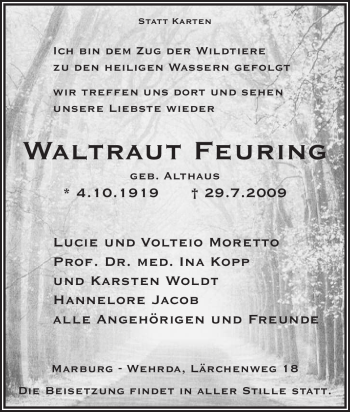 Traueranzeige von Waltraut Feuring von Tageszeitung