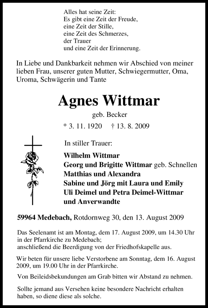  Traueranzeige für Agnes Wittmar vom 14.08.2009 aus Tageszeitung