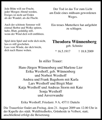 Traueranzeige von Theodora Wünnenberg von Tageszeitung