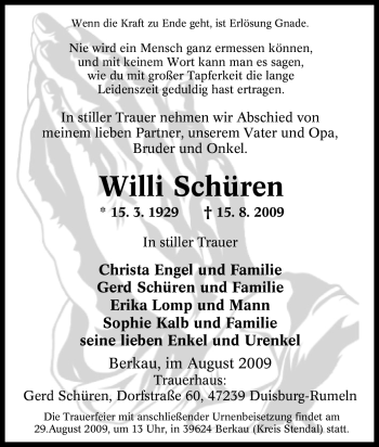 Traueranzeige von Willi Schüren von Tageszeitung