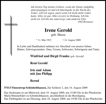 Traueranzeige von Irene Gerold von Tageszeitung