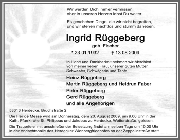 Traueranzeige von Ingrid Rüggeberg von Tageszeitung