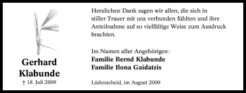 Traueranzeige von Gerhard Klabunde von Tageszeitung