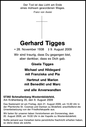 Traueranzeige von Gerhard Tigges von Tageszeitung