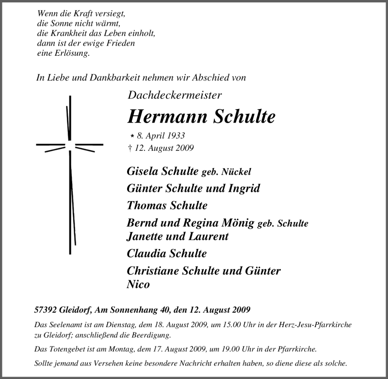  Traueranzeige für Hermann Schulte vom 14.08.2009 aus Tageszeitung