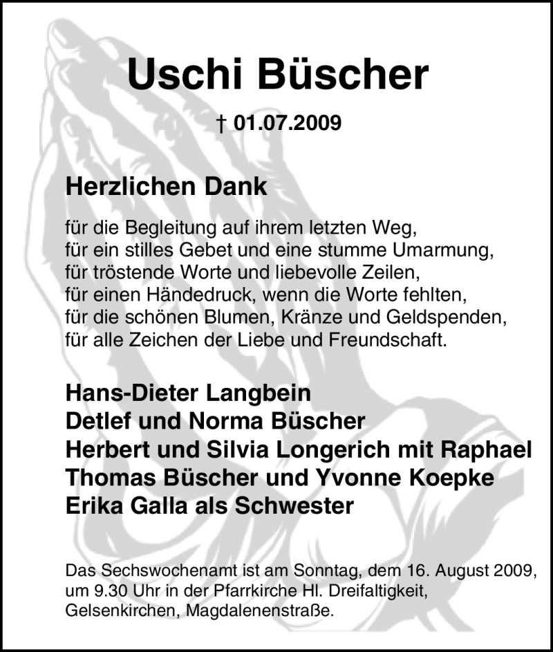  Traueranzeige für Uschi Büscher vom 01.08.2009 aus Tageszeitung