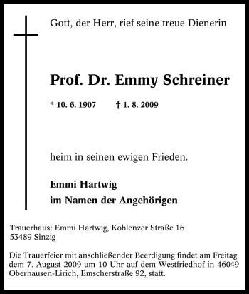 Traueranzeige von Emmy Schreiner von Tageszeitung