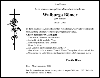 Traueranzeige von Walburga Bömer von Tageszeitung
