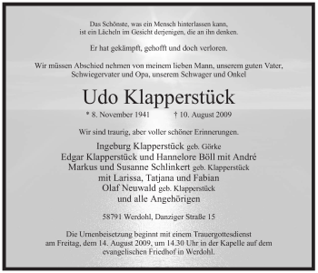Traueranzeige von Udo Klapperstück von Tageszeitung
