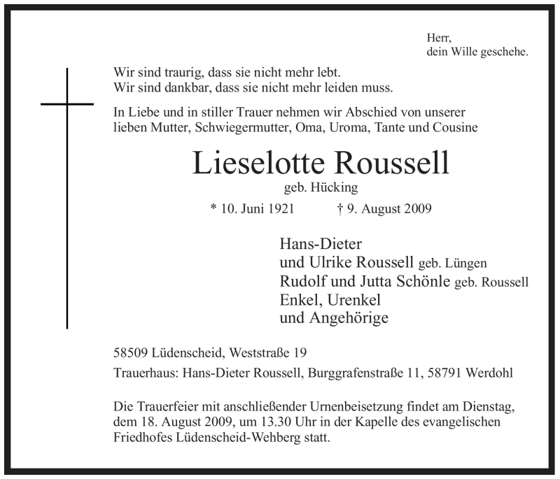  Traueranzeige für Lieselotte Roussell vom 14.08.2009 aus Tageszeitung