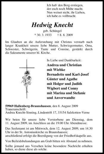 Traueranzeige von Hedwig Knecht von Tageszeitung
